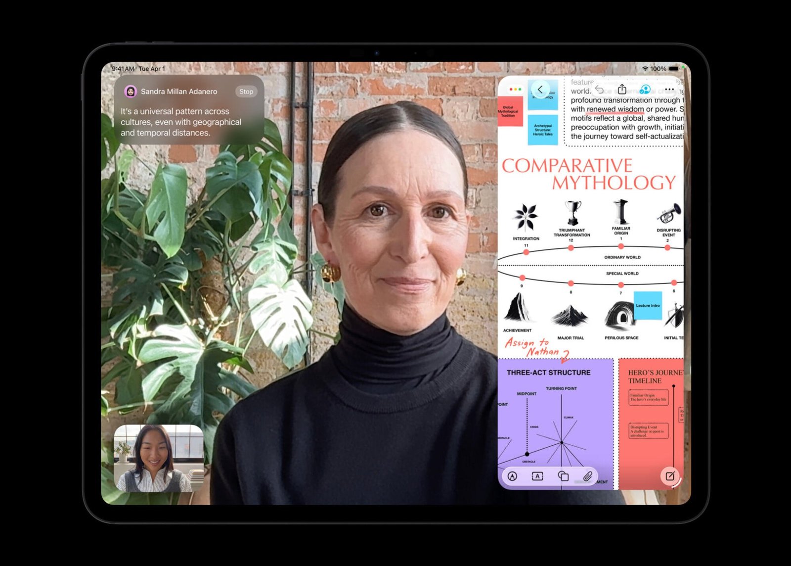 women in black turle neck with notes overlaid on the screen of the ipad