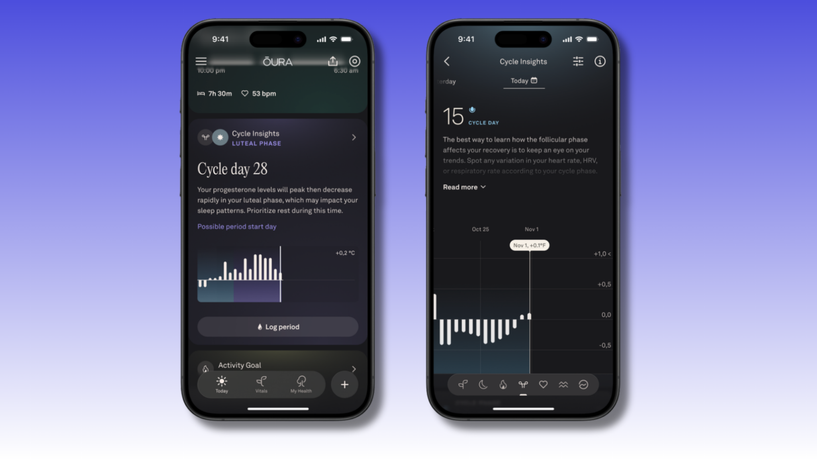 Two iPhones showing the new Oura app