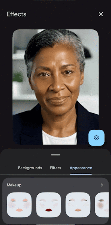 A GIF of a person testing the Google Meet makeup filter.